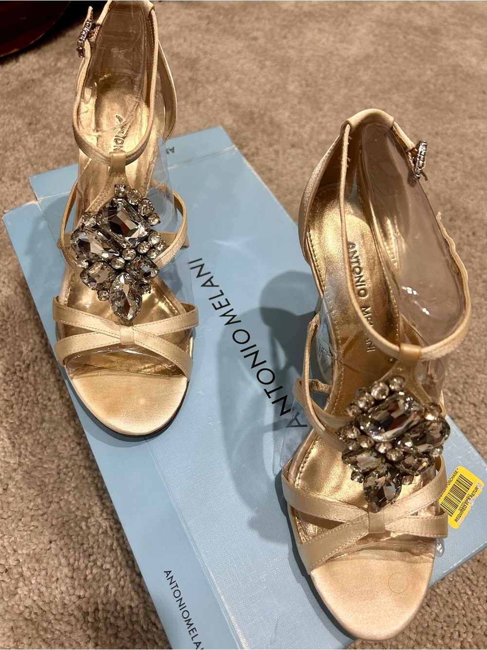 ANTONIO MELANI Gold Satin Crystal-Embellished Strappy Heels - Picture 2 of 2